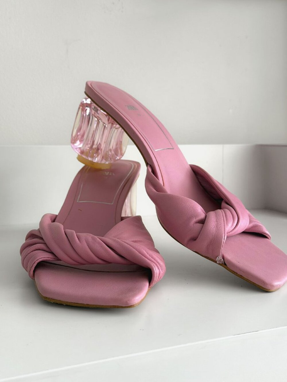 🩷 Zara Pink Twisted Knot Mules with Lucite Heel Size EU 39